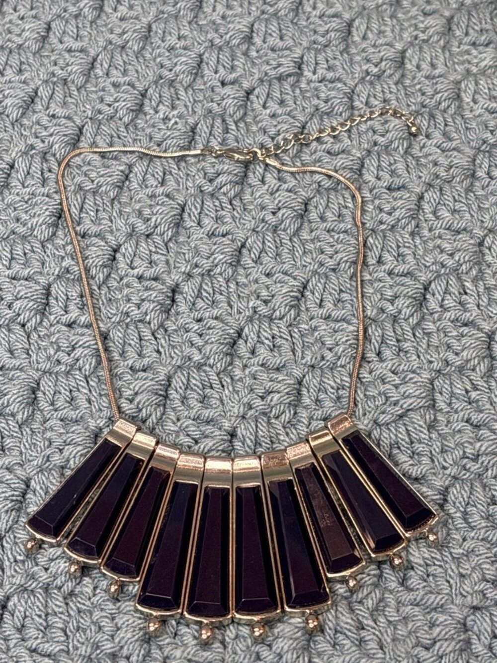 Bib Statement Necklace Silvertone Blue Plastic Serpentine Chain 16 - 19 inch